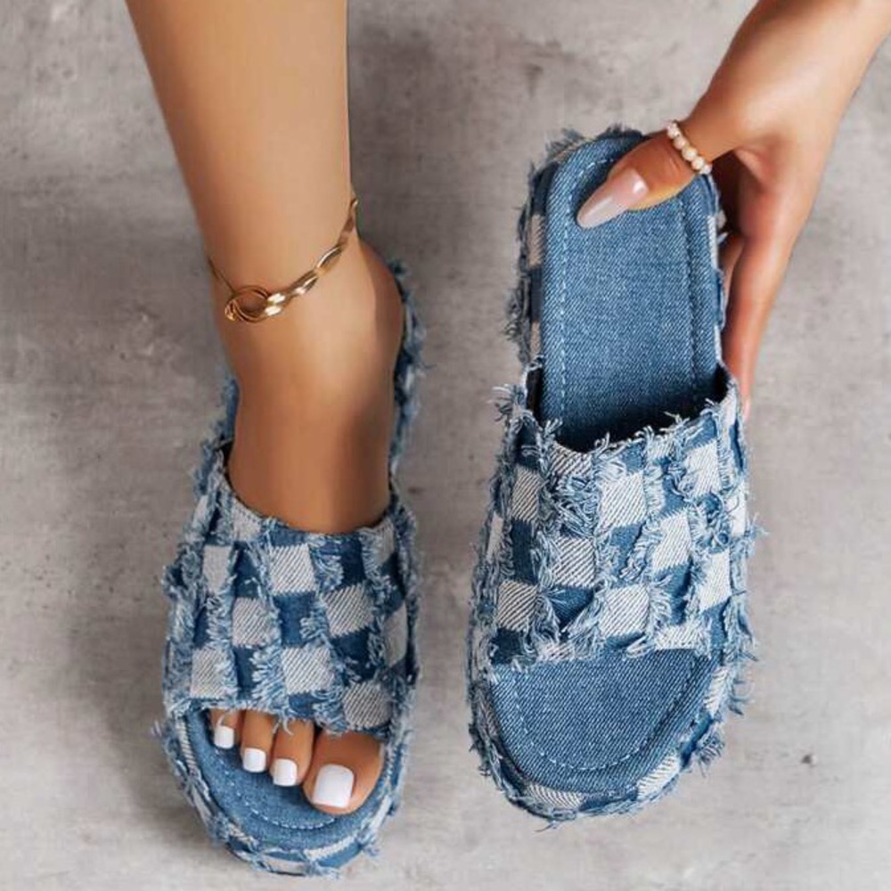 Denim Check Frayed Slide Sandals - Blue